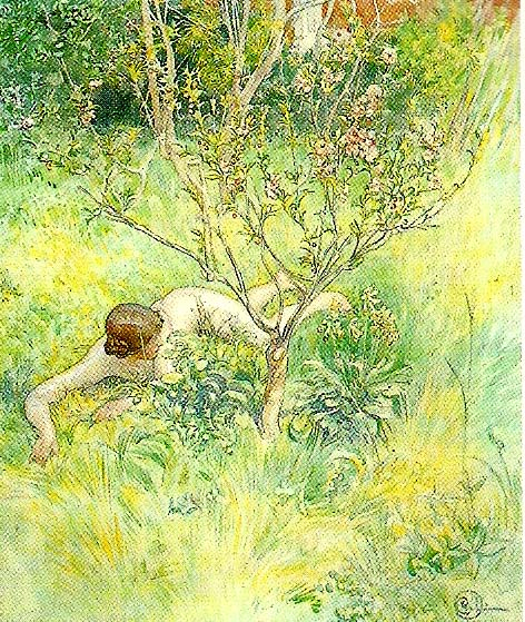 naken flicka under prunusbusken